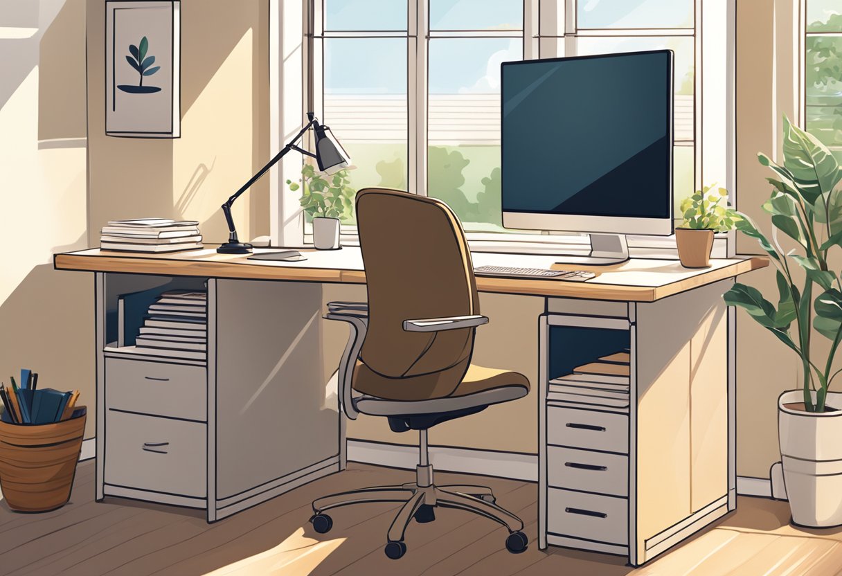 A sketch of chair and computer table having computer lamp and some paperwork placed near a window.