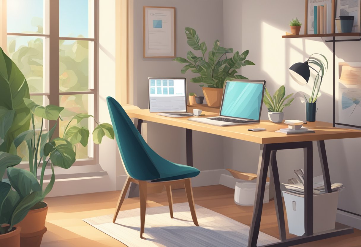 A cozy home office with a computer, desk, chair, and plants. A window shows a sunny day outside. A calendar on the wall reads "2024"