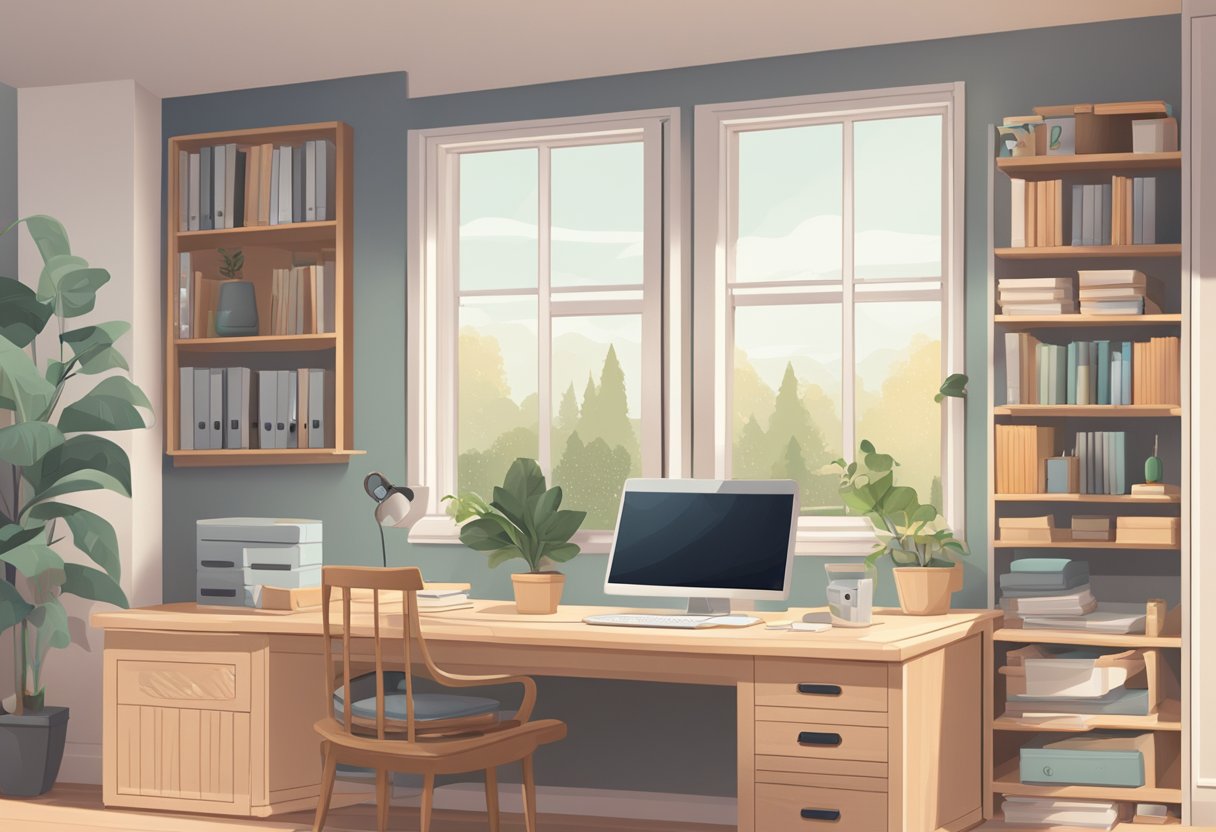 A cozy home office with a computer, desk, chair, and natural light. A calendar on the wall displays the year 2024
