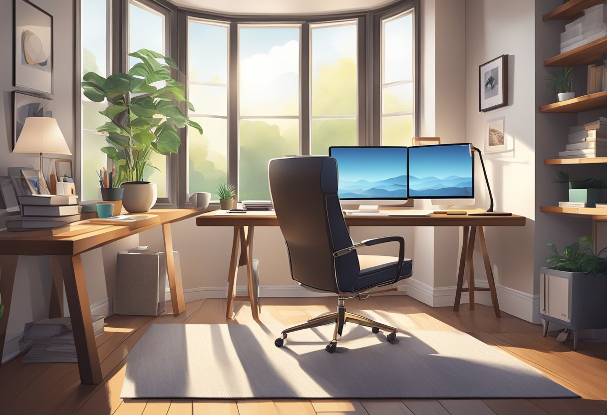 A desk with two computer monitors along with a chair in front of the desk. Sunlight streams through a window in the background.