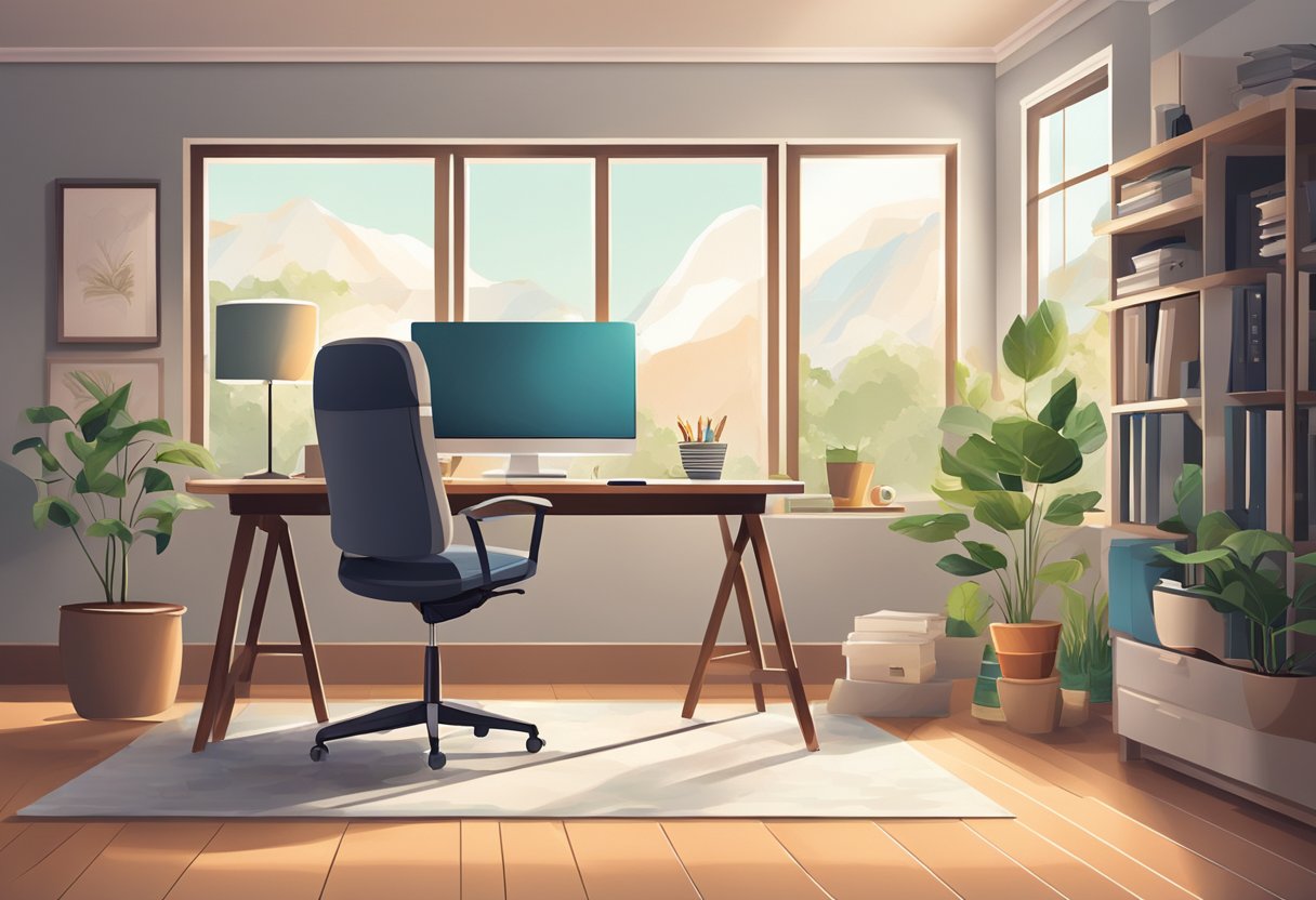 A cozy home office with modern technology, a comfortable desk and chair, natural light, and a peaceful atmosphere