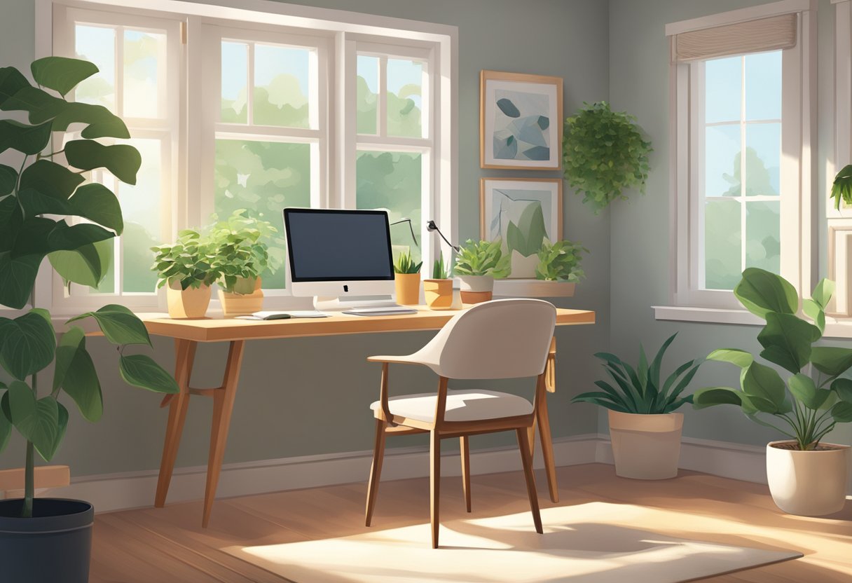 A cozy home office with a desk, computer, and comfortable chair. Natural light streams in through a window, and a plant adds a touch of greenery