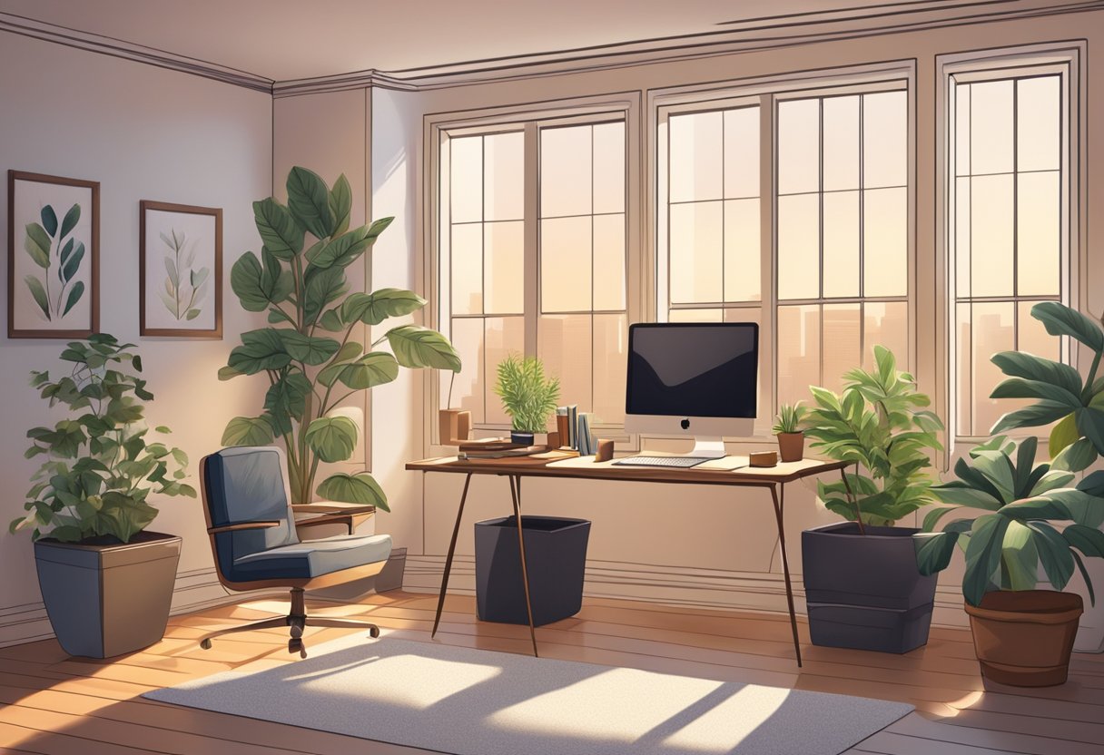 A cozy home office setup with a computer, desk, chair, and plants. Natural light streams in through a window, creating a peaceful work environment