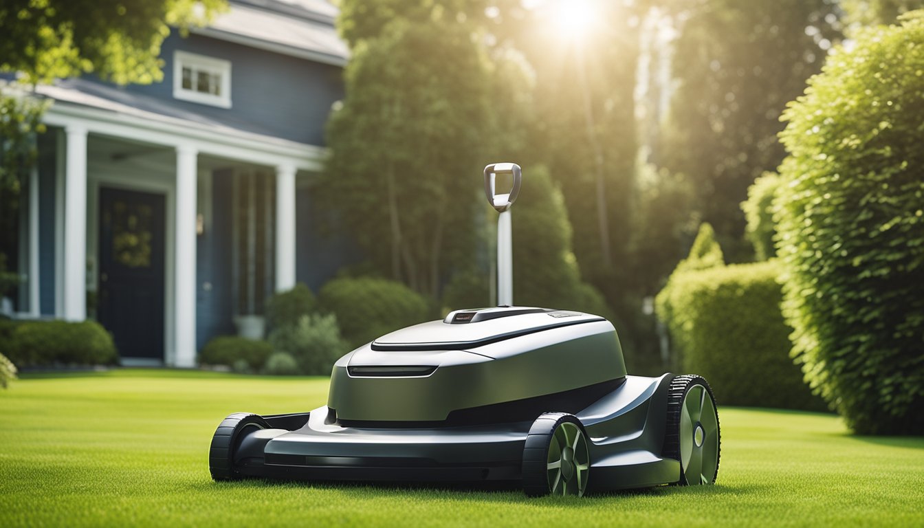 A sleek robot lawn mower glides effortlessly across a perfectly manicured yard, its sharp blades cutting through the grass with precision. The sun shines down on the futuristic machine as it efficiently tends to the lawn