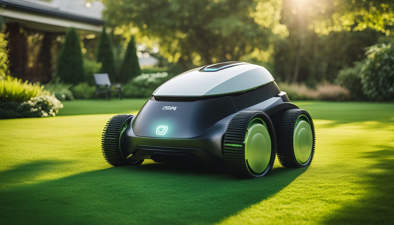 A sleek, futuristic robot mower stands on a perfectly manicured lawn, surrounded by lush greenery and neatly trimmed edges. Its sensors and blades gleam in the sunlight, ready for efficient, autonomous mowing