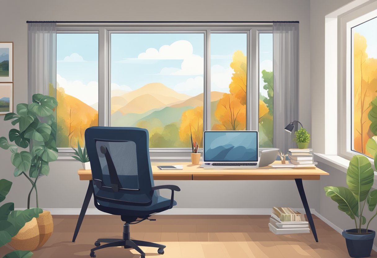 A cozy home office with a computer, desk, and comfortable chair. A view of nature outside the window. A calendar with the year 2024 marked