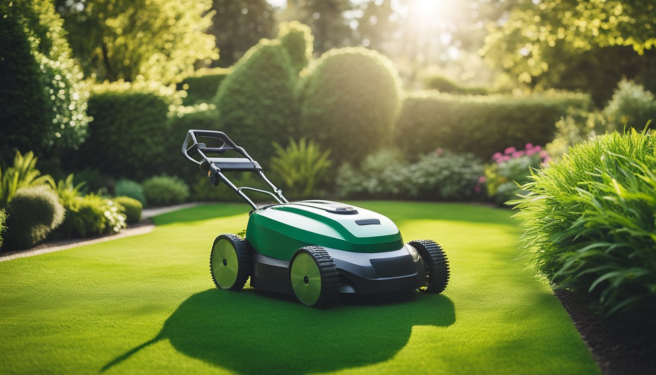 A robot lawn mower navigates through a well-maintained garden, avoiding obstacles and neatly trimming the grass. The sun shines down on the lush green lawn, creating a picturesque scene of modern landscaping technology