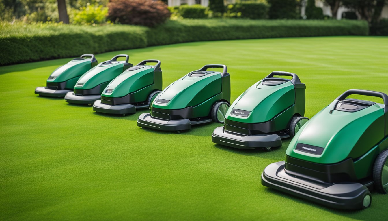 A row of robot lawn mowers lined up in a green, manicured yard. Each one is sleek and modern, with sharp blades and advanced technology