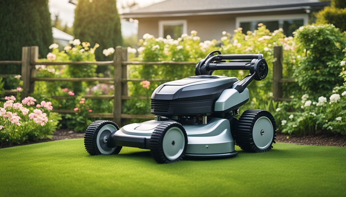 A robot lawn mower cutting grass in a neatly landscaped yard, surrounded by a fence and blooming flowers