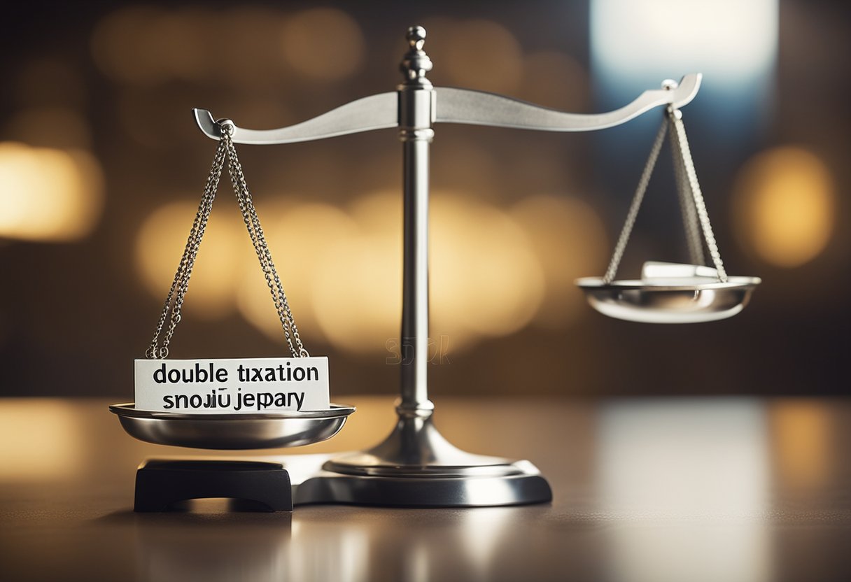 A scale with two sides, one labeled "double taxation" and the other "double jeopardy," symbolizing the importance of distinguishing between the two concepts