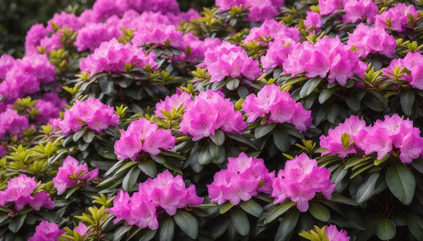 A vibrant rhododendron bush blooms in a lush garden, its delicate petals in shades of pink and purple creating a stunning display of natural beauty