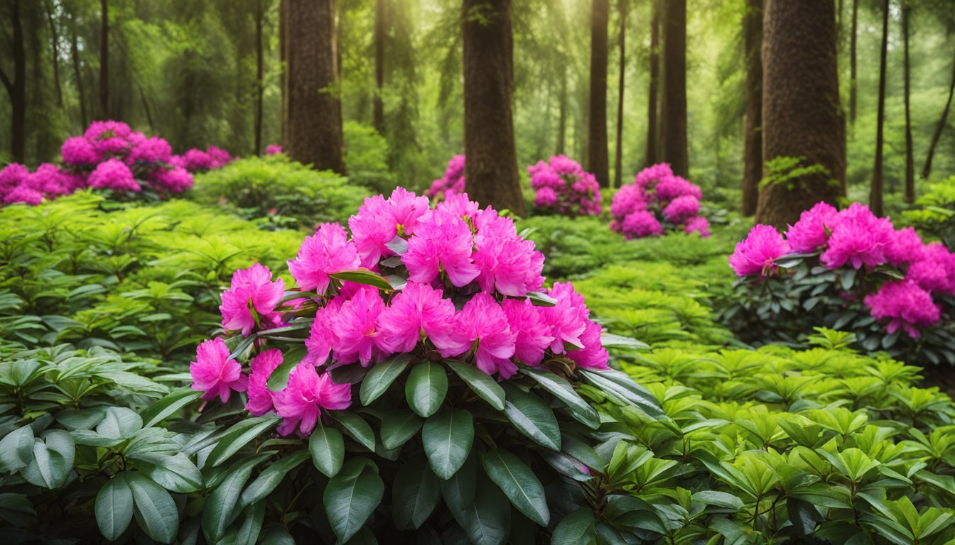 A vibrant rhododendron bush blooms in a lush forest clearing, with large, colorful flowers and glossy green leaves