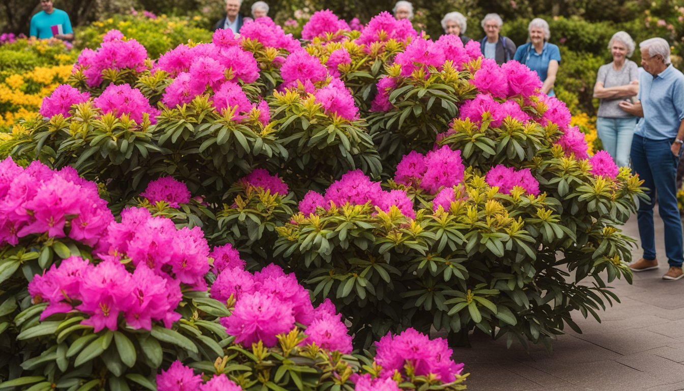 A vibrant rhododendron bush stands in full bloom, surrounded by curious onlookers. A sign nearby reads "Frequently Asked Questions rhododendron"