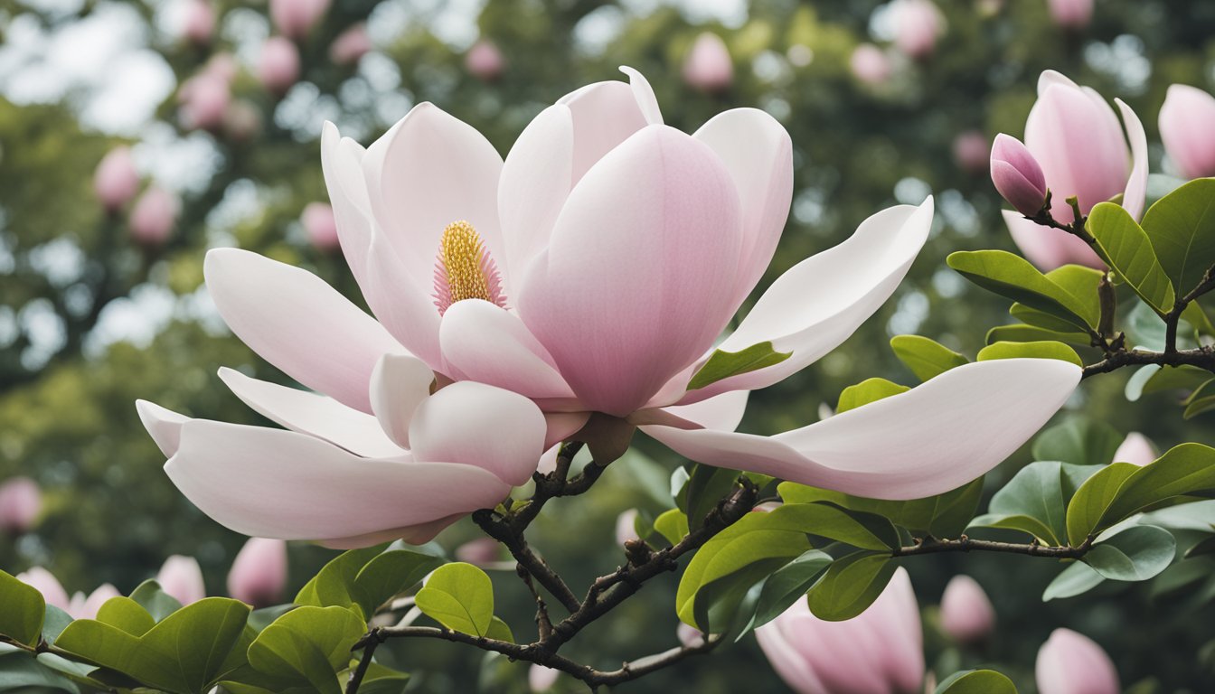 A magnolia tree stands tall, its branches adorned with large, fragrant blossoms. The soft pink petals contrast beautifully against the deep green leaves, creating a serene and elegant scene
