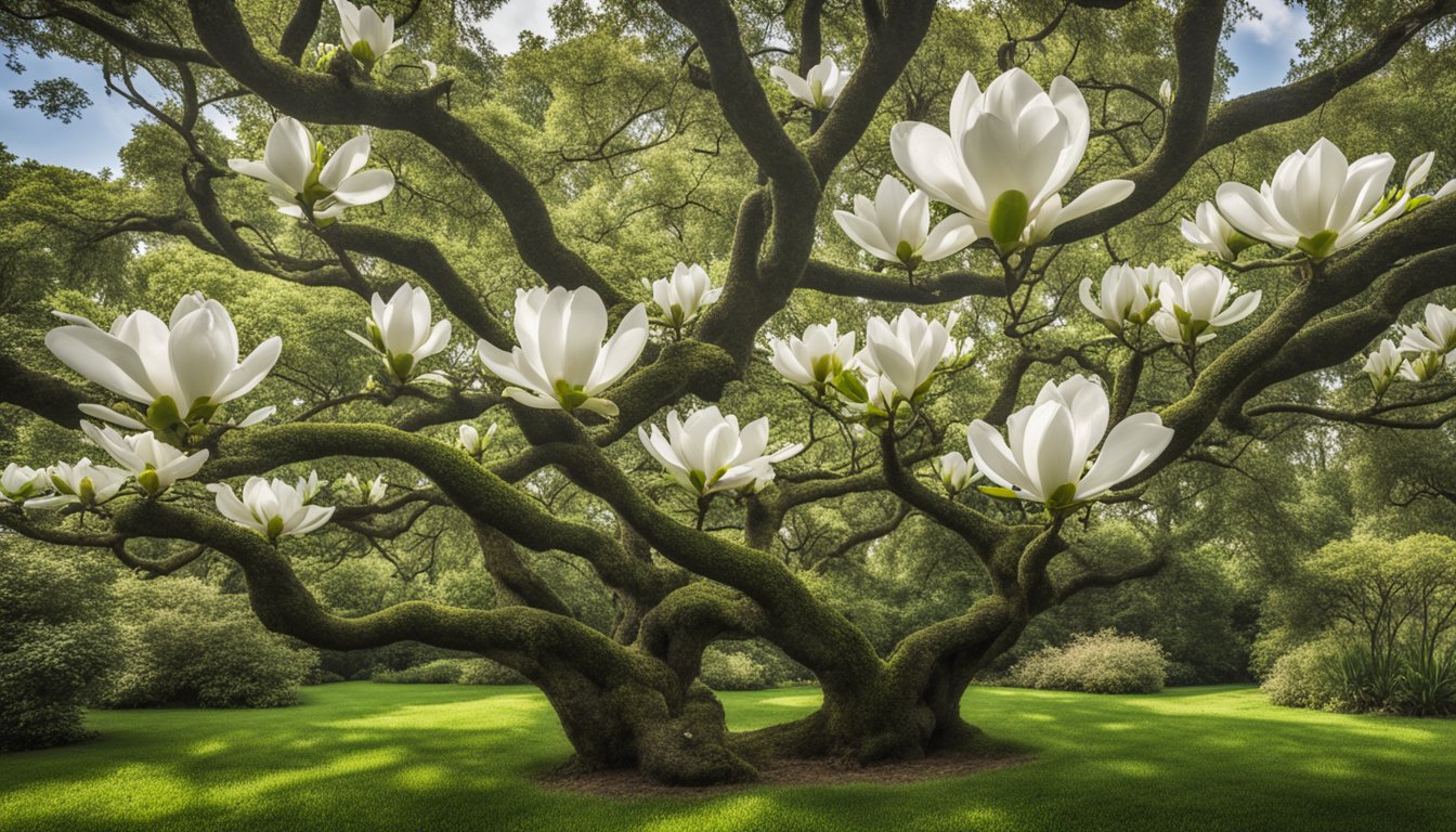 A majestic magnolia tree stands tall, its large white blossoms contrasting against the deep green leaves. Surrounding it are various species of plants and animals, highlighting its ecological significance. Its age and grandeur speak to its historical significance