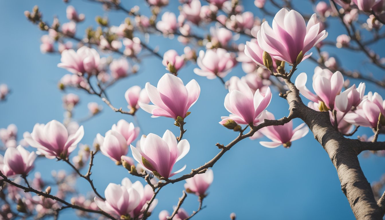A blooming magnolia tree stands tall against a clear blue sky, with vibrant pink and white flowers adorning its branches