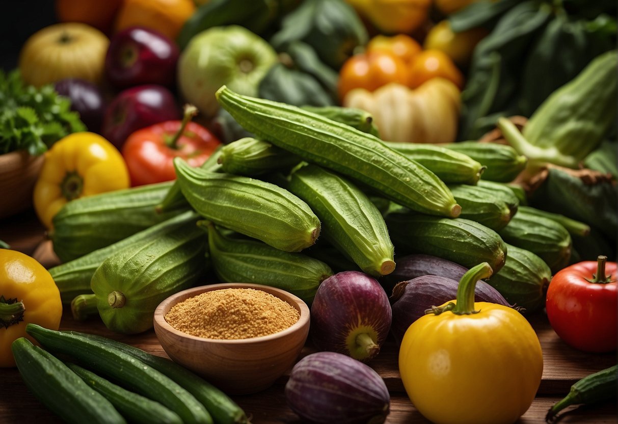 A colorful pile of fresh okra surrounded by vibrant fruits and vegetables, with a prominent sign displaying "Valor Nutricional do Quiabo" and "Benefícios da Quiabo em Angola."