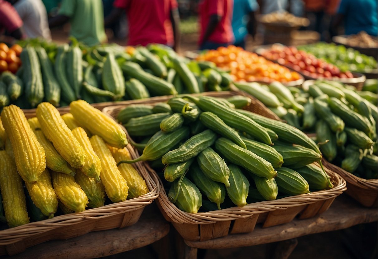 A colorful market scene in Angola with fresh okra displayed on tables, showcasing the health benefits of the vegetable