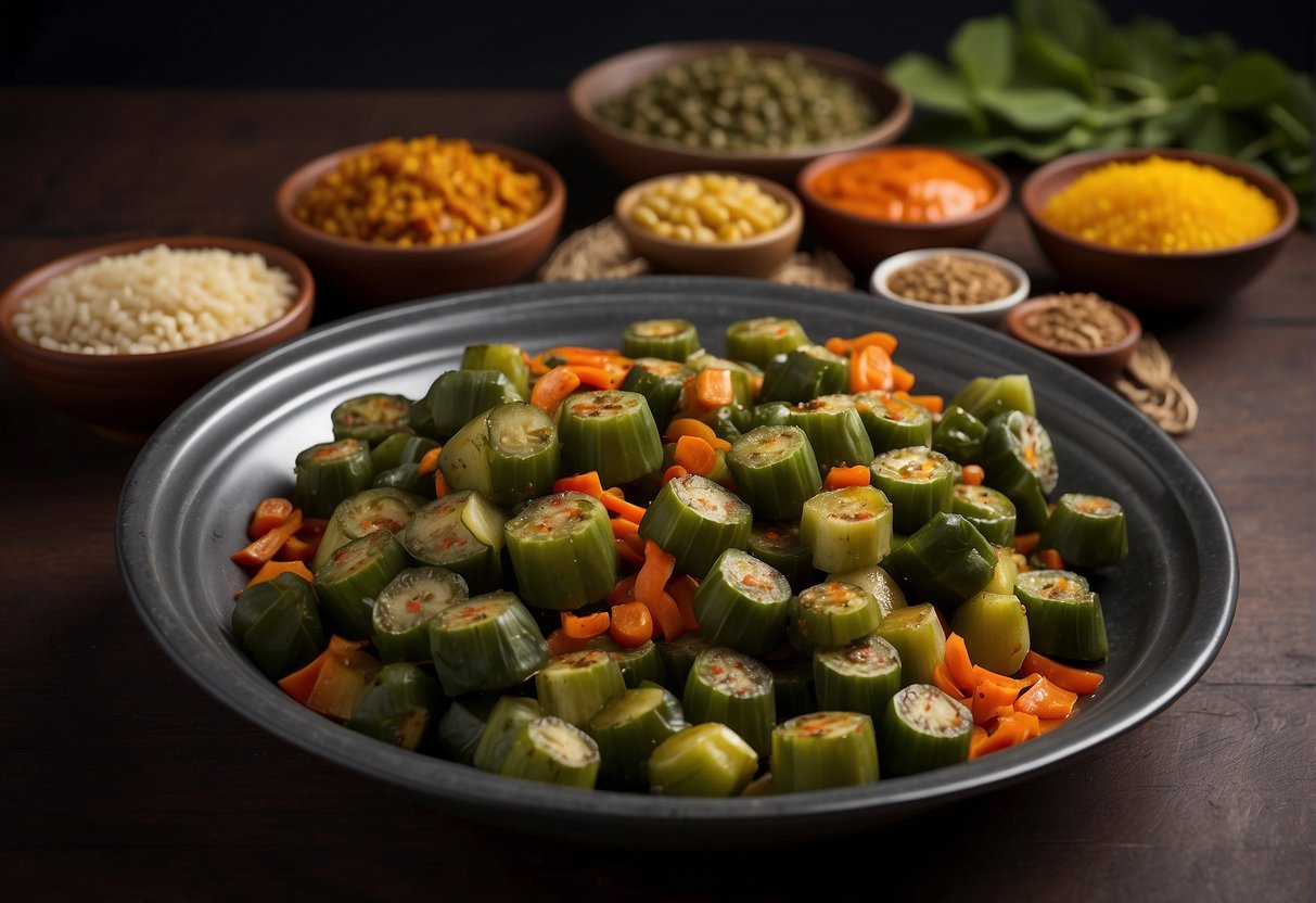 A table set with traditional Angolan dishes, featuring a prominent dish of okra with various ingredients and spices