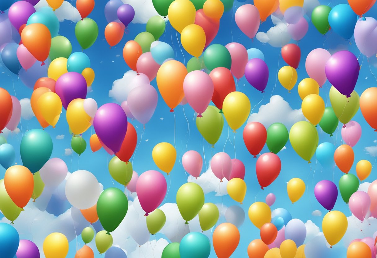 Colorful balloons fill the sky, some floating high while others are being popped. A sense of excitement and anticipation is in the air