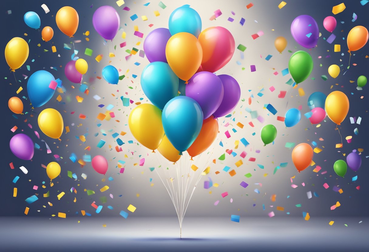 Colorful balloons float in the air, some popping with confetti bursting out. A spinner labeled with numbers and colors sits nearby, adding an element of chance to the scene