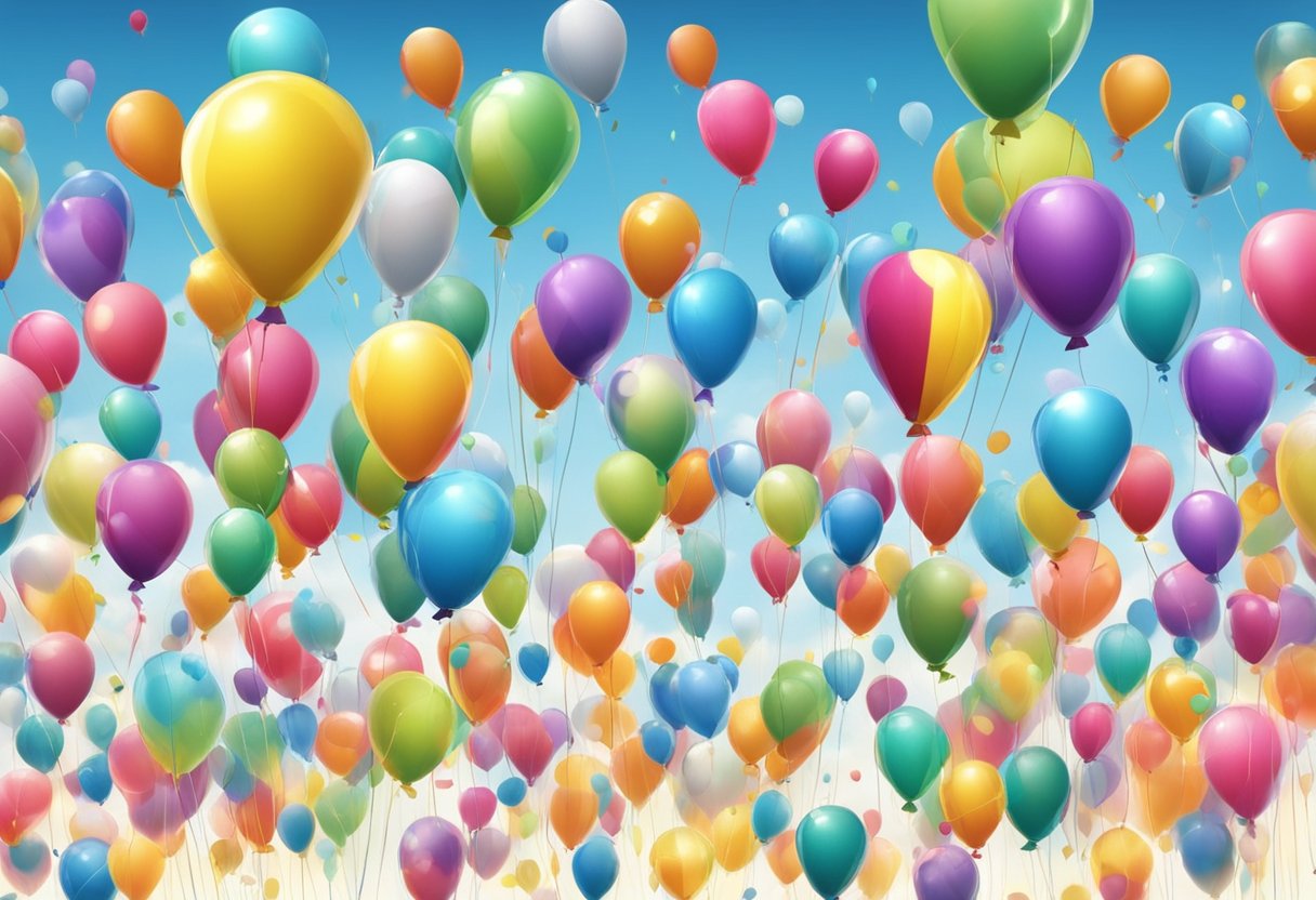 Colorful balloons float upwards, some popping on spikes, others escaping unscathed. A carnival atmosphere fills the air with excitement and anticipation