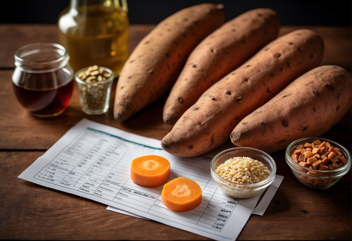 A table with various foods, including sweet potatoes, and a chart showing the nutritional composition and benefits of sweet potatoes in Angola