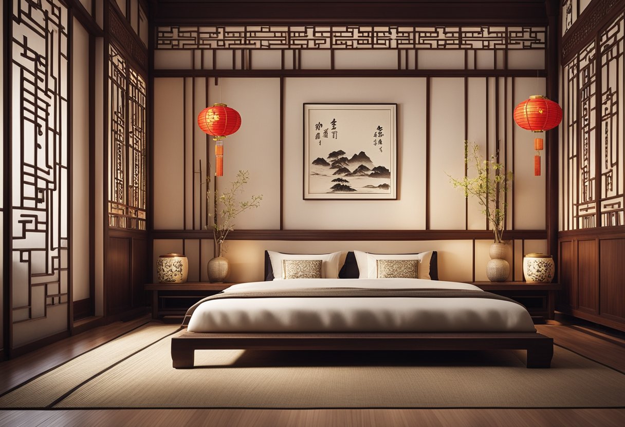 A traditional Chinese bedroom with a low platform bed, paper lanterns, wooden screens, and calligraphy art on the walls