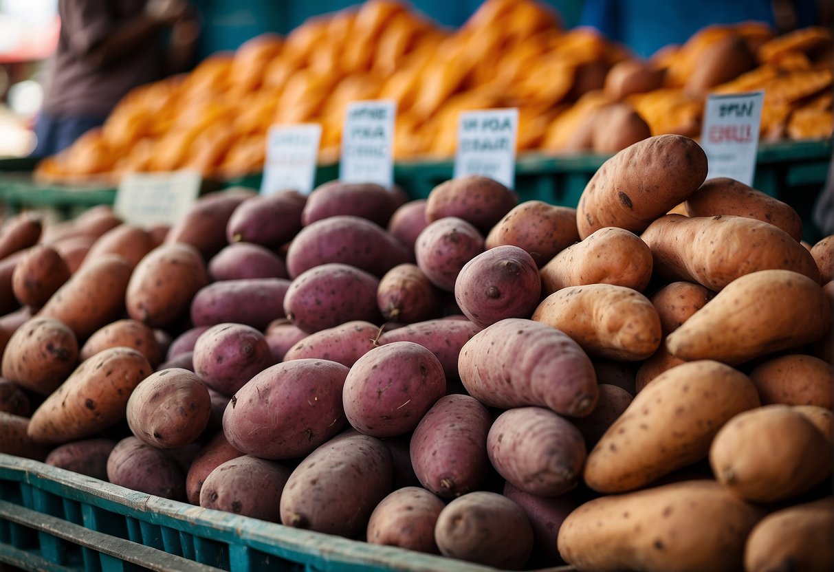 A colorful market stall in Angola displays various forms of sweet potatoes with a sign detailing their health benefits