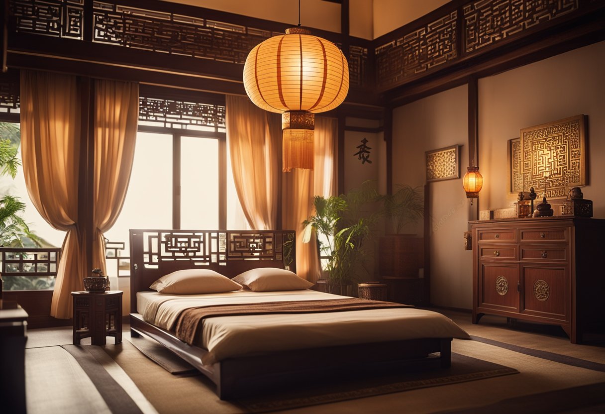 A traditional Chinese bedroom with wooden furniture, intricate carvings, and silk bedding. A paper lantern hangs from the ceiling, casting a warm glow over the room
