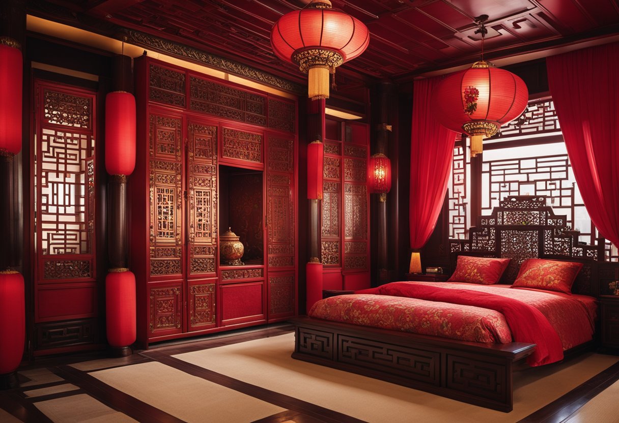A traditional Chinese bedroom with red lacquered furniture, silk lanterns, and ornate wooden screens. Richly patterned textiles and floral motifs add to the opulent ambience