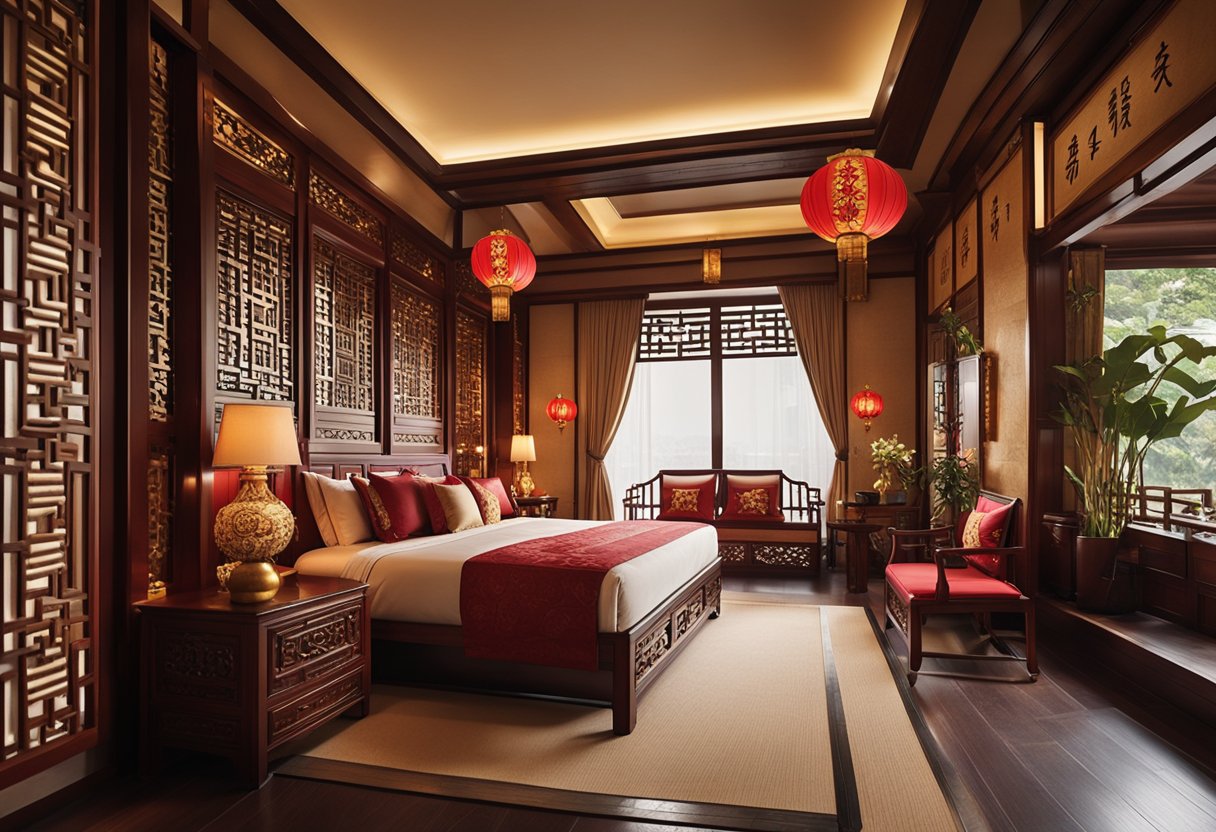 A traditional Chinese bedroom with ornate wooden furniture, red and gold accents, paper lanterns, and intricate calligraphy artwork on the walls