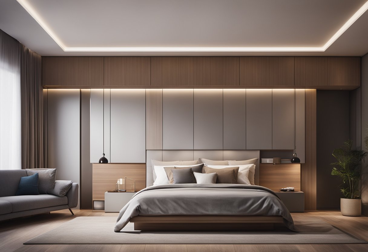 A modern hanging cabinet floats above a cozy bedroom, with sleek lines and minimalist design