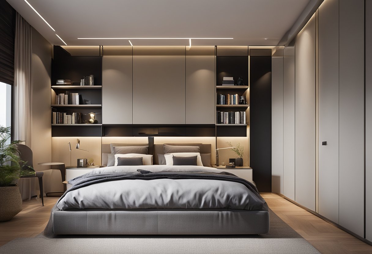 A bedroom with a hanging cabinet design, maximizing space with sleek, modern cabinets suspended from the ceiling