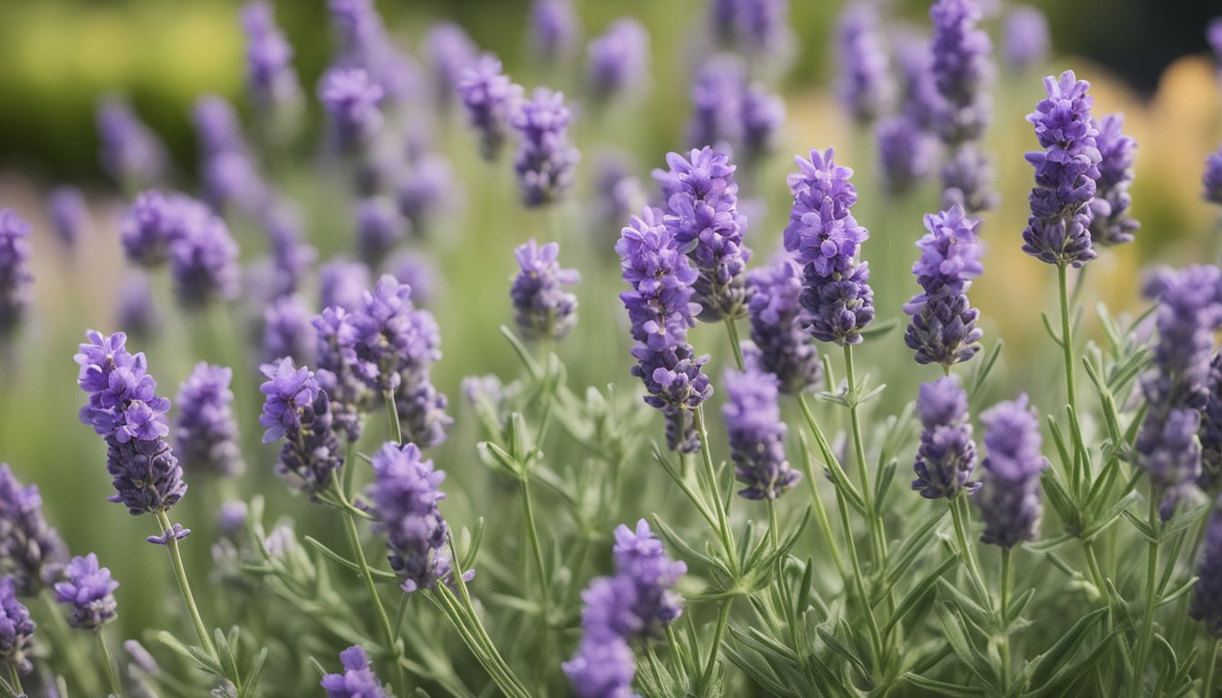 A lavender plant with purple flowers and green leaves, labeled with its anatomical parts and classified as a herbaceous perennial