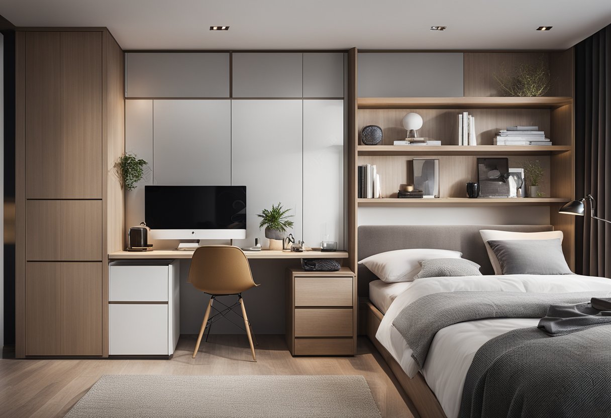 A modern bedroom with a sleek, hanging cabinet design