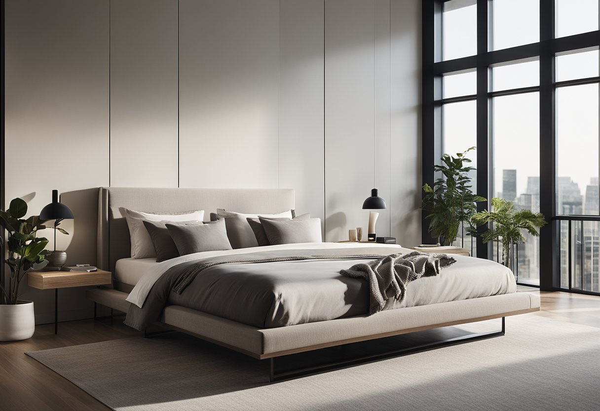 A sleek, minimalistic bedroom with a platform bed, clean lines, and neutral color palette. Large windows allow natural light to fill the space, while a statement piece of artwork adds a pop of color and interest to the room