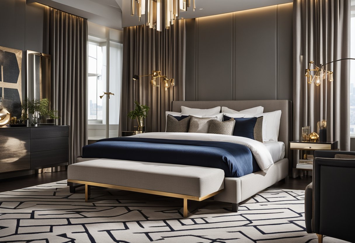 A modern bedroom with sleek furniture, bold patterns, and metallic accents. A geometric rug and statement lighting add visual interest