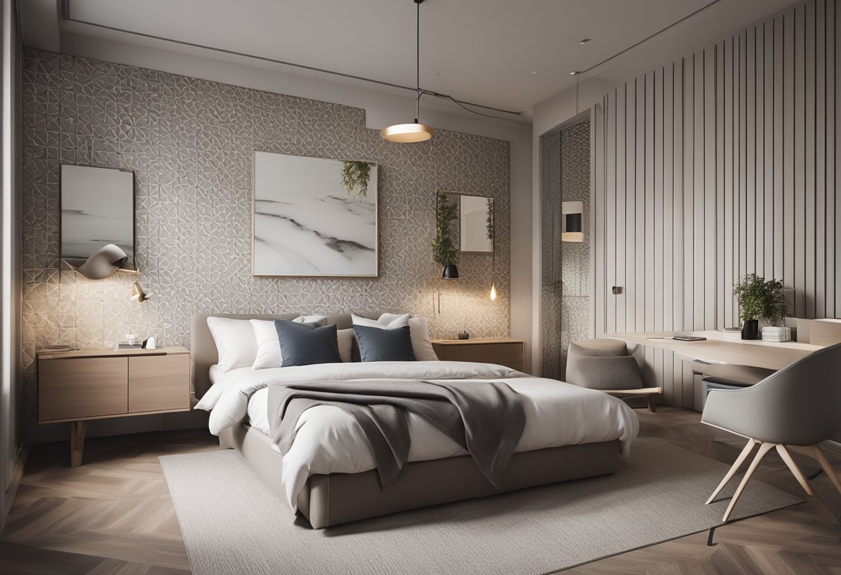A sleek, minimalistic bedroom with clean lines, neutral colors, and modern furniture. A large, comfortable bed sits against a backdrop of geometric wallpaper, with a stylish desk and chair in the corner