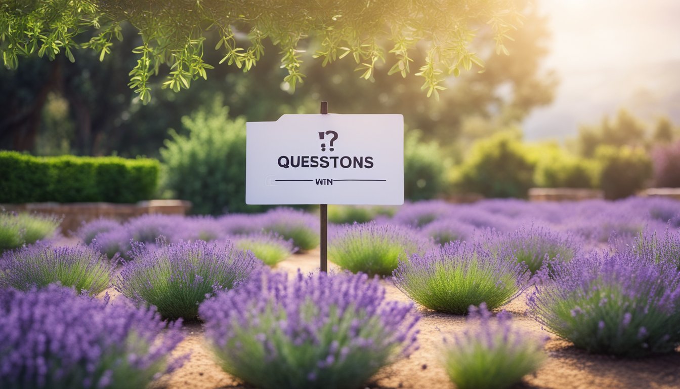 Lavender plant surrounded by question marks, with a sign saying "Frequently Asked Questions" in a peaceful garden setting