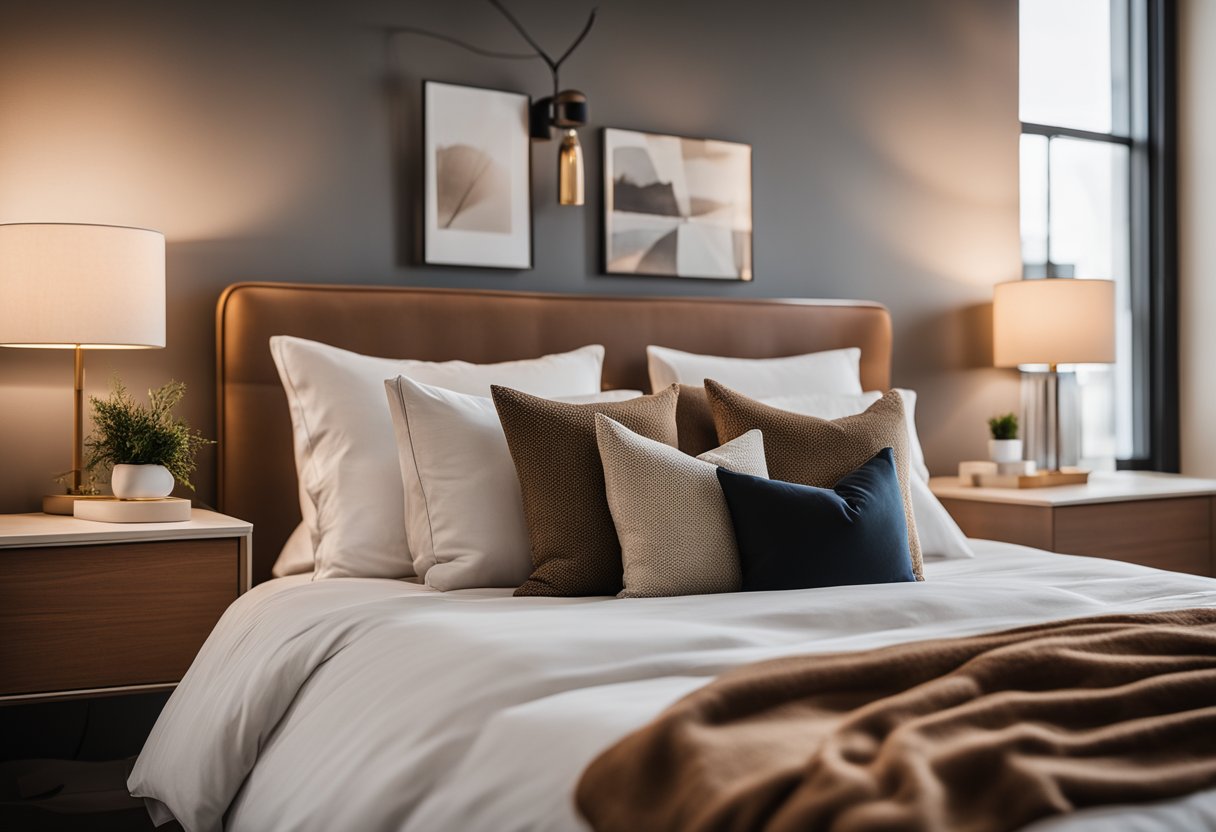 A cozy bedroom with warm, earthy tones. A large, plush bed with soft, neutral-colored bedding. A stylish nightstand with a modern lamp. A large window letting in natural light