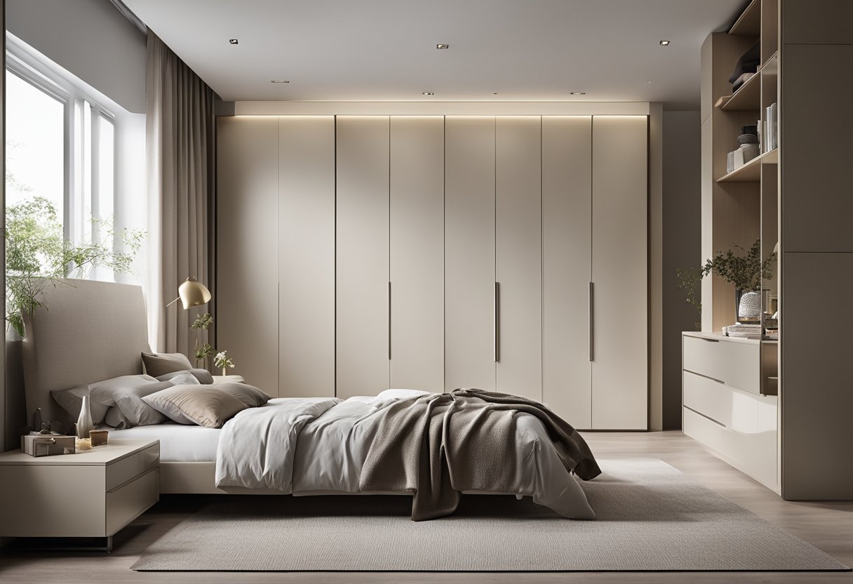 A spacious bedroom with a modern corner wardrobe, featuring sleek sliding doors and ample storage compartments. The wardrobe is illuminated by soft overhead lighting, and the room is tastefully decorated with minimalistic furniture and neutral tones