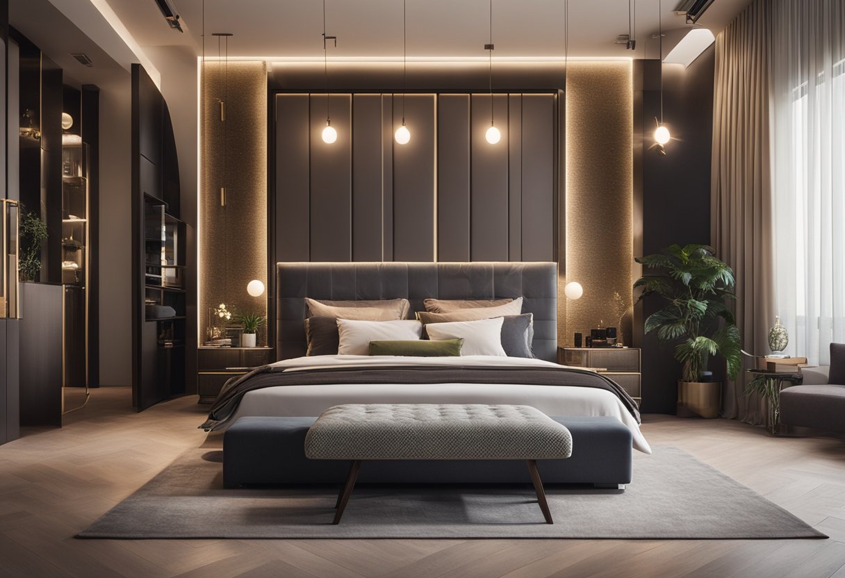A cozy, modern bedroom with personalized decor, including a statement headboard, sleek furniture, and warm lighting