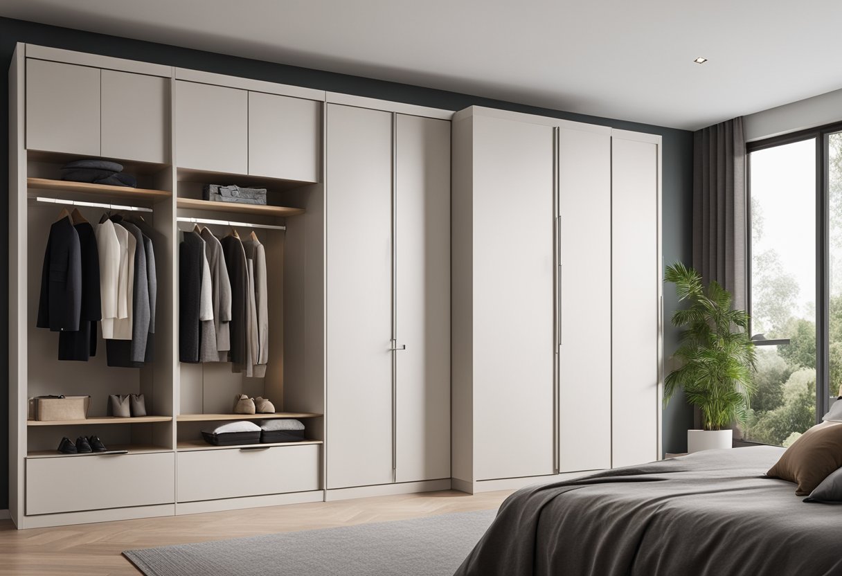 A corner wardrobe fits snugly in the bedroom, maximizing space. The design features sleek lines and ample storage, blending seamlessly with the room's decor