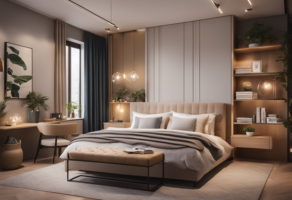 A cozy bedroom with a modern design, featuring a comfortable bed, stylish furniture, and creative storage solutions. A soft color palette and warm lighting create a welcoming atmosphere