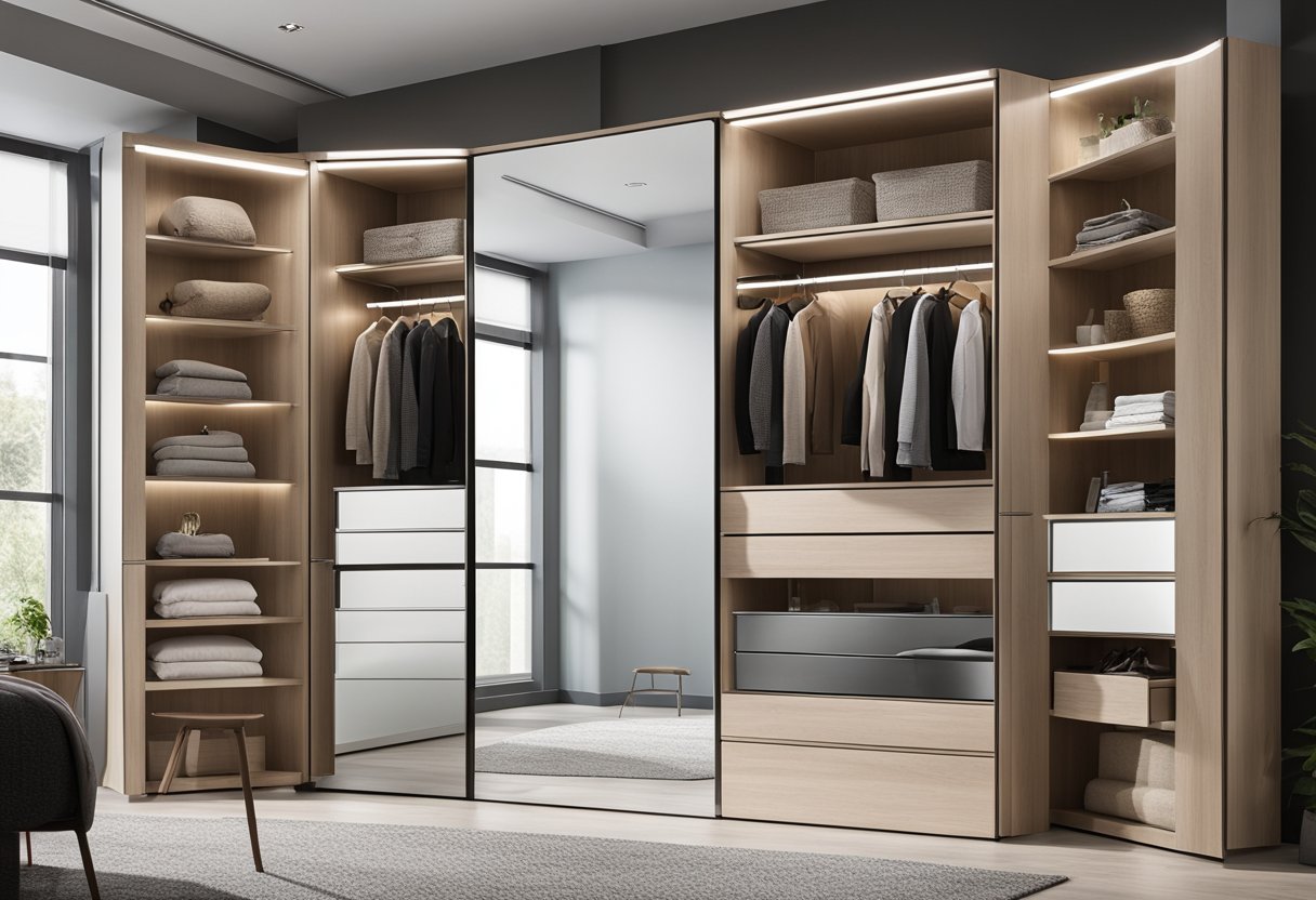 A sleek corner wardrobe with mirrored doors, adjustable shelves, and built-in drawers, maximizing space and adding a modern touch to the bedroom