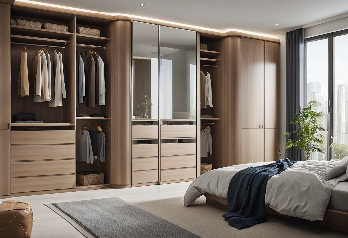 A spacious bedroom with a sleek and modern corner wardrobe design. The wardrobe features multiple compartments and shelves, providing ample storage space. The room is well-lit with natural light, creating a cozy and inviting atmosphere