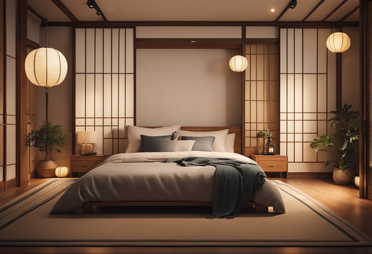 A cozy Korean bedroom with low platform bed, paper lanterns, and traditional sliding doors. Floral patterns and warm wood tones create a peaceful atmosphere