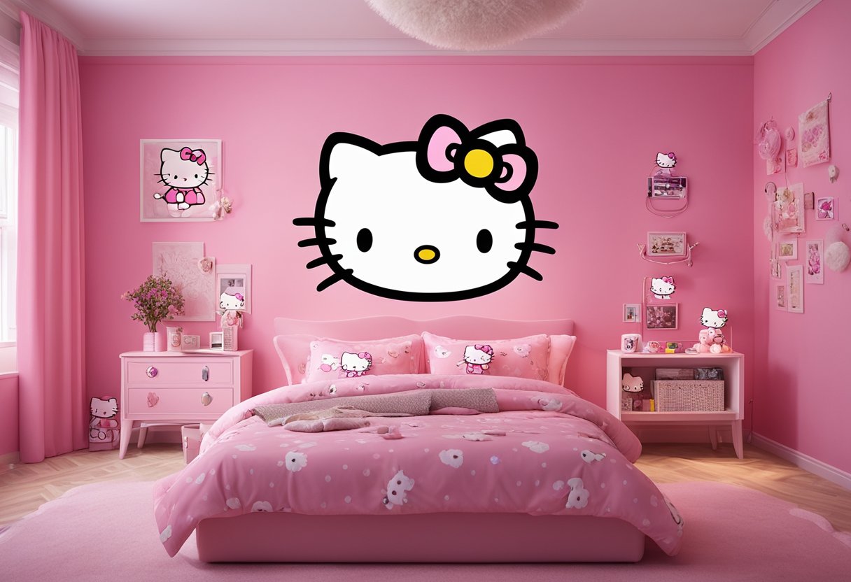 A cozy bedroom with pink walls, a bed with a Hello Kitty comforter, matching curtains, and a wall adorned with Hello Kitty decorations and posters