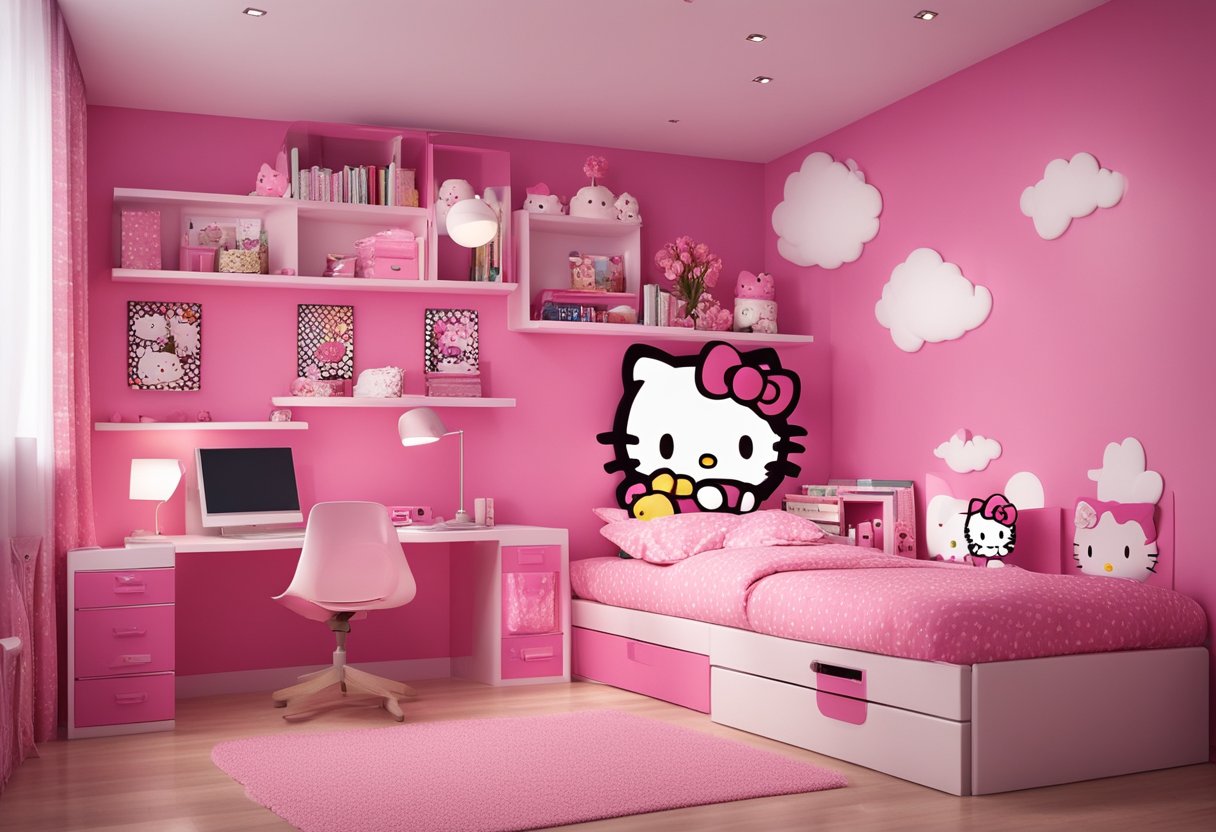 A cozy bedroom with pink walls and Hello Kitty-themed decor. A bed with Hello Kitty bedding, wall decals, and plush toys. Shelves with Hello Kitty books and accessories